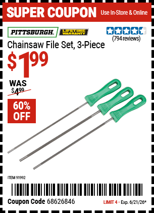 Harbor Freight Coupons, HF Coupons, 20% off - Chain Saw File Set, 3 Pc.