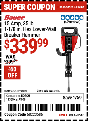 Harbor Freight Coupons, HF Coupons, 20% off - Bauer 15amp Pro Demolition Hammer Kit