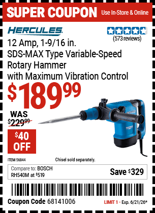 Harbor Freight Coupons, HF Coupons, 20% off - 12 Amp 1-9/16 in.  SDS Max-Type Variable Speed Rotary Hammer