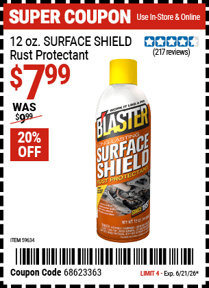 Harbor Freight Coupons, HF Coupons, 20% off - B�LASTER 12 oz. SURFACE SHIELD Rust Protectant for $8.49