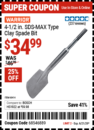 Harbor Freight Coupons, HF Coupons, 20% off - 4-1/2 In Sds Max Type Clay Spade Bit