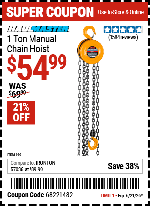 Harbor Freight Coupons, HF Coupons, 20% off - 1 Ton Chain Hoist