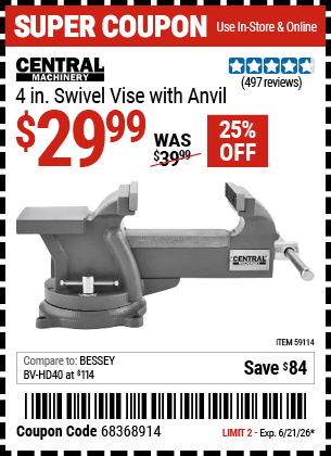 Harbor Freight Coupons, HF Coupons, 20% off - ENTRAL MACHINERY 4 in. Swivel Vise with Anvil for $29.99