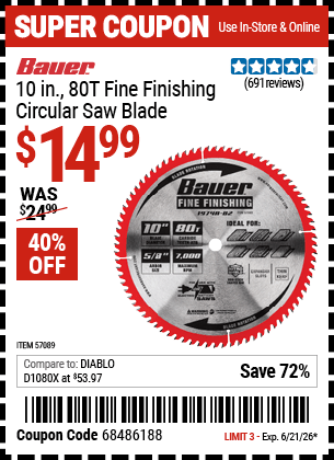 Harbor Freight Coupons, HF Coupons, 20% off - 10 in. 80T Fine Finishing Circular Saw Blade