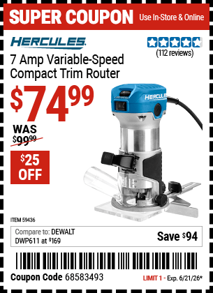 Harbor Freight Coupons, HF Coupons, 20% off - HERCULES 1/4 in. Variable-Speed Compact Trim Router for $64.99