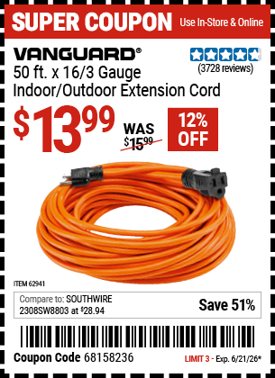 Harbor Freight Coupons, HF Coupons, 20% off - 50 Ft. X 16 Gauge Outdoor Extension Cord