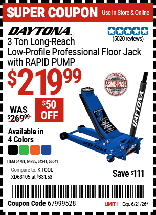 Harbor Freight Coupons, HF Coupons, 20% off - DAYTONA 3 Ton Long Reach Low Profile Professional Rapid Pump Floor Jack for $169.99