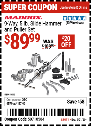 Harbor Freight Coupons, HF Coupons, 20% off - Maddox 9 Way, 5 Lb. Slide Hammer Puller Set