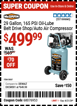 Harbor Freight Coupons, HF Coupons, 20% off - MCGRAW 29 gallon, 1.8 HP, 165 PSI Oil-Lube Vertical Air Compressor for $499.99