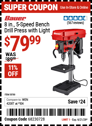Harbor Freight Coupons, HF Coupons, 20% off - BAUER 8 in., 5-Speed Bench Drill Press with Light for $79.99