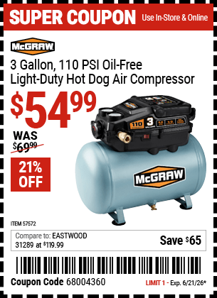 Harbor Freight Coupons, HF Coupons, 20% off - 3 Gallon 1/3 HP 110 PSI Oil-Free Hotdog Air Compressor