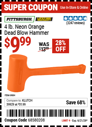 Harbor Freight Coupons, HF Coupons, 20% off - 4lb Dead Blow Hammer