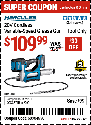Harbor Freight Coupons, HF Coupons, 20% off - HERCULES 20V Cordless Variable Speed Grease Gun 