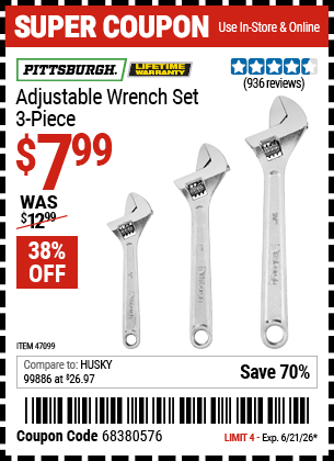 Harbor Freight Coupons, HF Coupons, 20% off - 3 Piece Adjustable Wrench Set