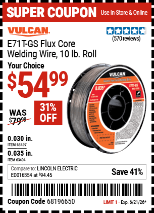 Harbor Freight Coupons, HF Coupons, 20% off - 0.035 in. E71T-GS Flux Core Welding Wire, 10.00 lb. Roll