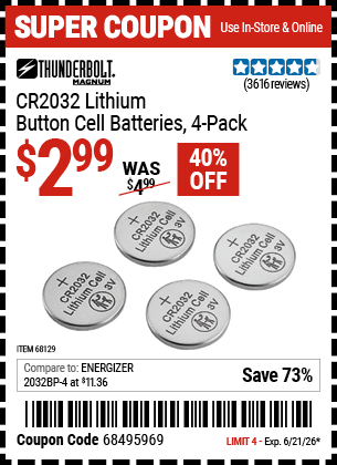 Harbor Freight Coupons, HF Coupons, 20% off - Lithium Button Cell Batteries Pack Of 4