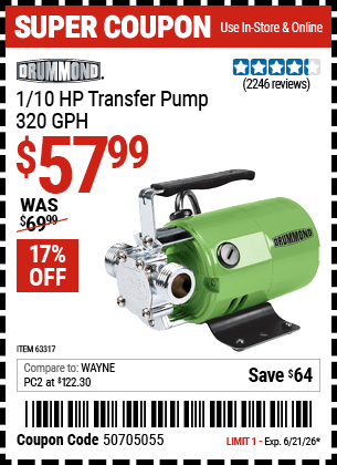 Harbor Freight Coupons, HF Coupons, 20% off - 1/10 Hp Transfer Pump