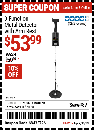 Harbor Freight Coupons, HF Coupons, 20% off - 9 Function Metal Detector With Arm Rest