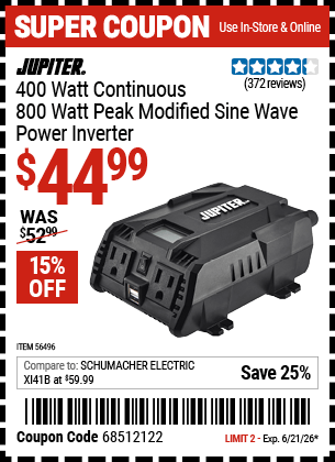 Harbor Freight Coupons, HF Coupons, 20% off - 400 Watt Continuous/800 Watt Peak Modified Sine Wave Power Inverter