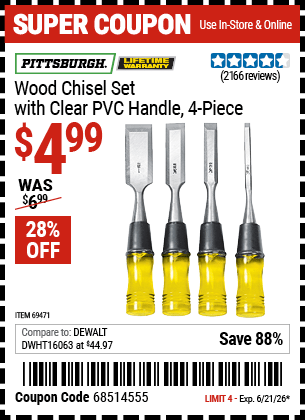 Harbor Freight Coupons, HF Coupons, 20% off - 4 Piece Wood Chisel Set