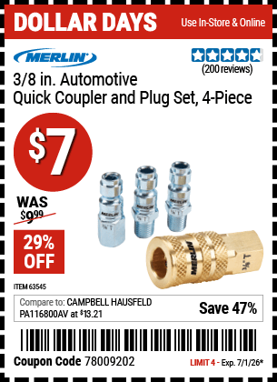 Harbor Freight Coupons, HF Coupons, 20% off - 3/8 in. Automotive Quick Coupler and Plug Set, 4 Pc.