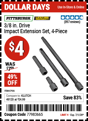 Harbor Freight Coupons, HF Coupons, 20% off - 4 Piece 3/8