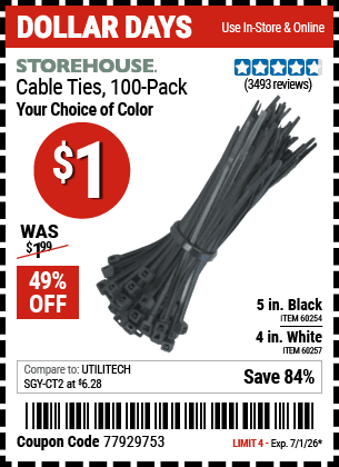 Harbor Freight Coupons, HF Coupons, 20% off - STOREHOUSE 4 in. White Cable Ties, 100-Pack for $0.79