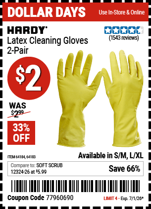 Harbor Freight Coupons, HF Coupons, 20% off - Latex Cleaning Gloves 2 Pair