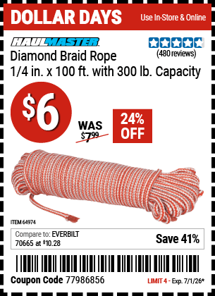 Harbor Freight Coupons, HF Coupons, 20% off - 1/4 in. x 100 ft. Diamond Braid Rope
