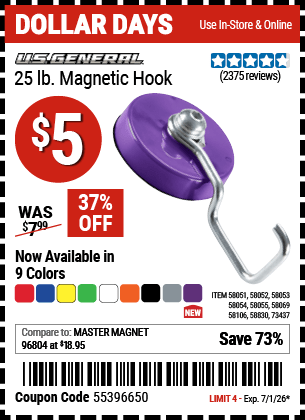 Harbor Freight Coupons, HF Coupons, 20% off - U.S. GENERAL 25 lb. Magnetic Hook for $4.99