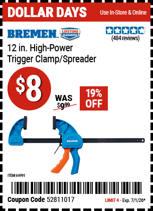 Harbor Freight Coupons, HF Coupons, 20% off - BREMEN 12 In. High Power Trigger Clamp/Spreader for $12.99