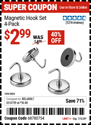 Harbor Freight Coupons, HF Coupons, 20% off - 4 Piece Magnetic Hook Set