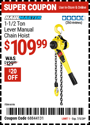Harbor Freight Coupons, HF Coupons, 20% off - 1-1/2 Ton Lever Chain Hoist