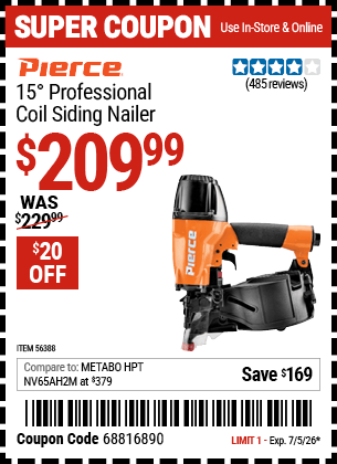 Harbor Freight Coupons, HF Coupons, 20% off - 15� Professional Coil Siding Nailer