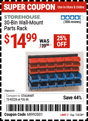 Harbor Freight Coupons, HF Coupons, 20% off - 30 Bin Wall Mount Parts Rack