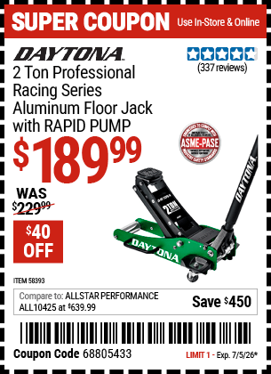 Harbor Freight Coupons, HF Coupons, 20% off - DAYTONA 2 Ton Professional Racing Series Aluminum Floor Jack for $169.99