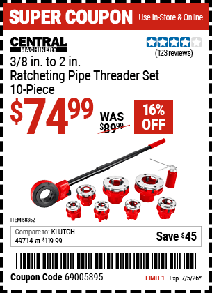 Harbor Freight Coupons, HF Coupons, 20% off - CENTRAL MACHINERY 3/8 in. to 2 in. Ratcheting Pipe Threader Set, 10-Piece for $63.99