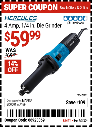 Harbor Freight Coupons, HF Coupons, 20% off - HERCULES 4 Amp � 1/4 in. Die Grinder for $59.99