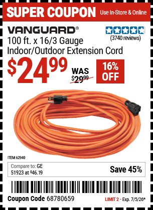 Harbor Freight Coupons, HF Coupons, 20% off - 100 Ft X 16 Gauge Outdoor Extension Cord
