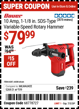 Harbor Freight Coupons, HF Coupons, 20% off - BAUER 1-1/8 in. SDS Variable Speed Pro Rotary Hammer Kit for $69.99