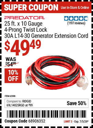 Harbor Freight Coupons, HF Coupons, 20% off - 25 Ft. X 10 Gauge Generator Duty Twist Lock Extension Cord
