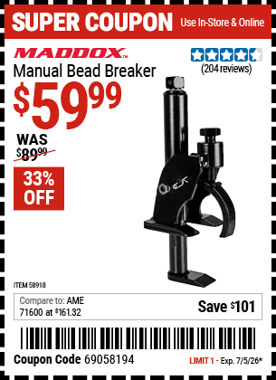 Harbor Freight Coupons, HF Coupons, 20% off - MADDOX Manual Bead Breaker for $69.99