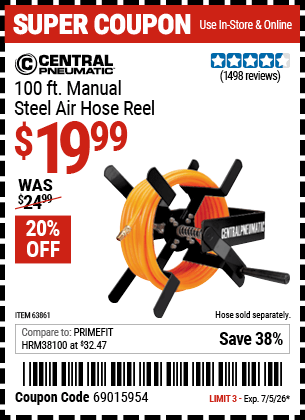 Harbor Freight Coupons, HF Coupons, 20% off - 100 Ft. Manual Steel Air Hose Reel