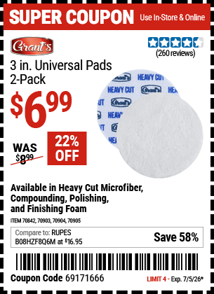 Harbor Freight Coupons, HF Coupons, 20% off - GRANT�S 3 in. Universal Heavy Cut Microfiber Pad 
