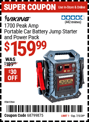 Harbor Freight Coupons, HF Coupons, 20% off - 1700 Peak Amp Portable Jump Starter and Power Pack