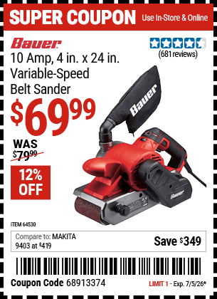 Harbor Freight Coupons, HF Coupons, 20% off - 10 Amp 4 in. x 24 in. Variable Speed Belt Sander