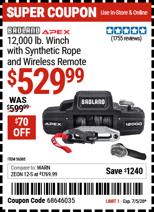 Harbor Freight Coupons, HF Coupons, 20% off - Badland Apex 12,000 Lb. Truck/suv Winch