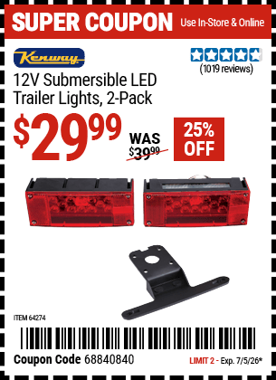 Harbor Freight Coupons, HF Coupons, 20% off - 2 Piece Submersible Trailer Lights