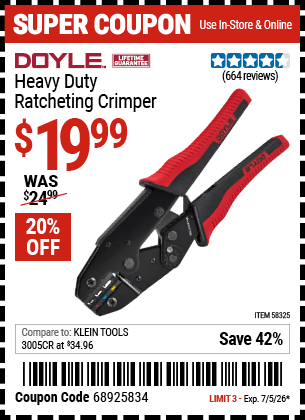 Harbor Freight Coupons, HF Coupons, 20% off - DOYLE Heavy Duty Ratcheting Crimper for $14.99