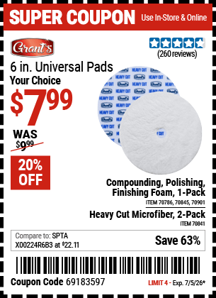 Harbor Freight Coupons, HF Coupons, 20% off - GRANT�S 6 in. Universal Finishing Foam Pad 